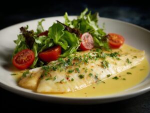 A plated flounder fillet topped with lemon sauce, garnished with herbs and served with cherry tomatoes and green salad leaves.