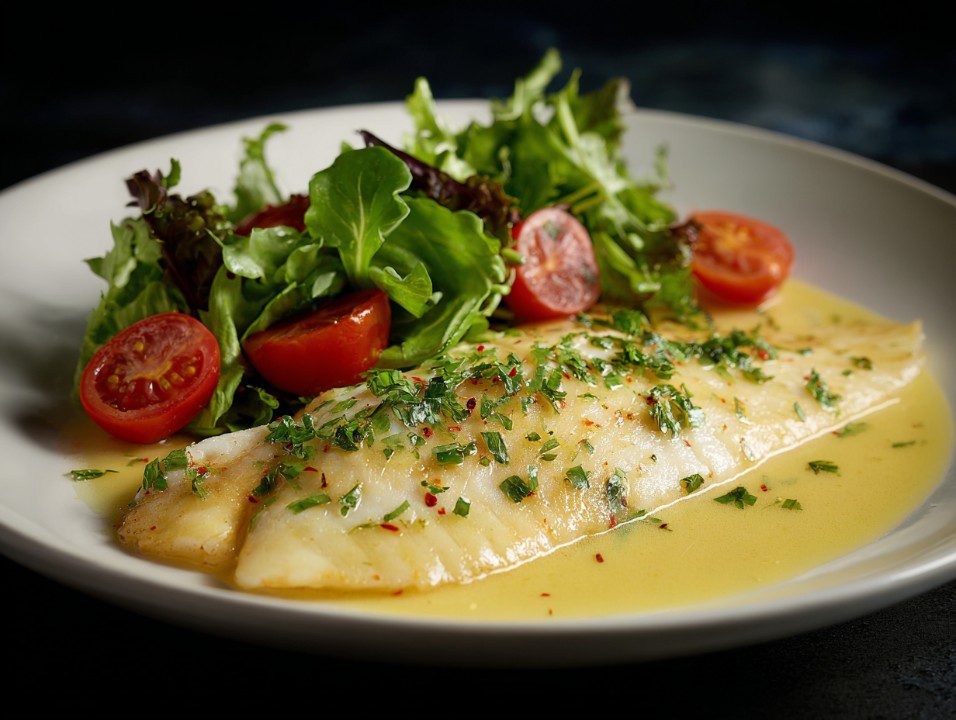 A plated flounder fillet topped with lemon sauce, garnished with herbs and served with cherry tomatoes and green salad leaves.