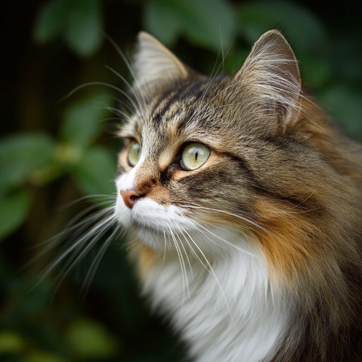 Close-up profile of a fluffy cat with green eyes and detailed fur against a softly blurred green natural background.