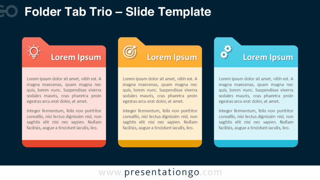 PowerPoint Folder Tab Trio template with a dark background, featuring three evenly spaced vertical folder tab blocks for presentations.