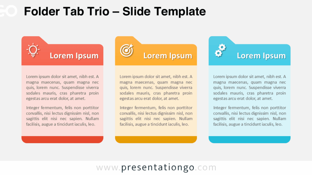 Free Folder Tab Trio template for Google Slides and PowerPoint with light background, showing three vertical tabbed content blocks.