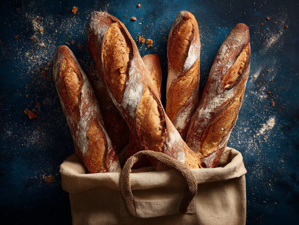 Top-down view of several freshly baked baguettes in a cloth bag on a dark blue surface dusted with flour.
