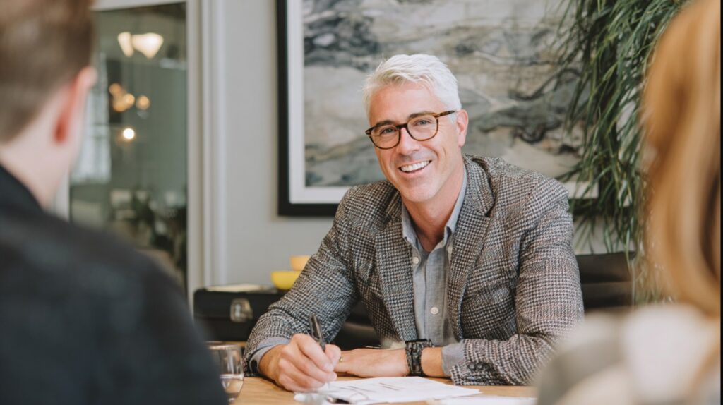 Smiling consultant wearing glasses meeting clients in a modern office, showing professionalism and trust.