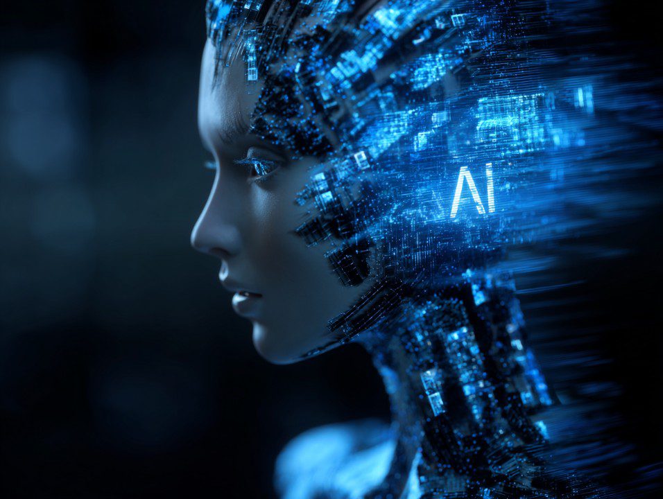 Futuristic AI humanoid profile made of glowing blue digital circuitry and light effects on dark background.