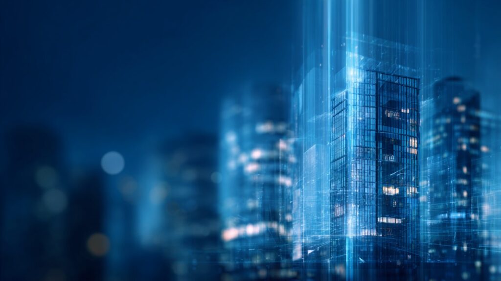 Hyperrealistic digital artwork of a futuristic cityscape with glowing skyscrapers and vertical light beams at night.