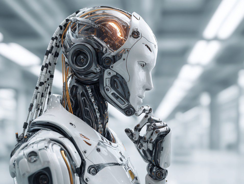 A sleek humanoid robot with visible wiring and circuits, posed in thought, symbolizing advanced artificial intelligence and innovation.