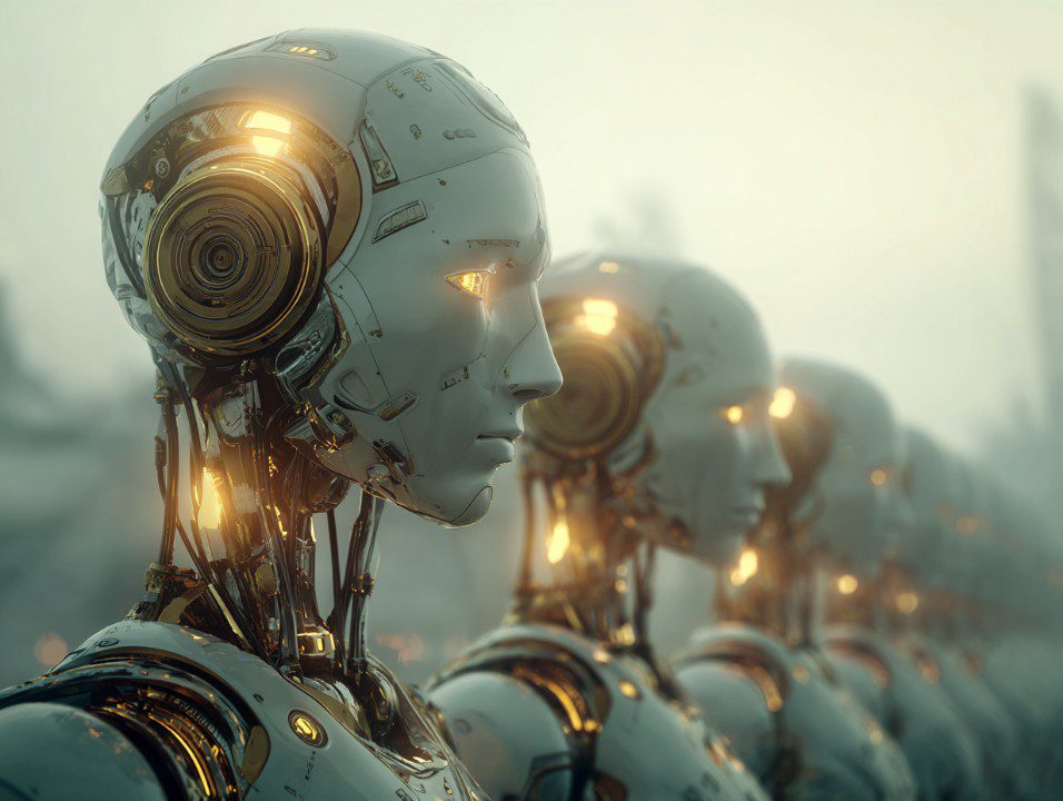 Lineup of futuristic robots with glowing gold and metallic designs in a misty background.