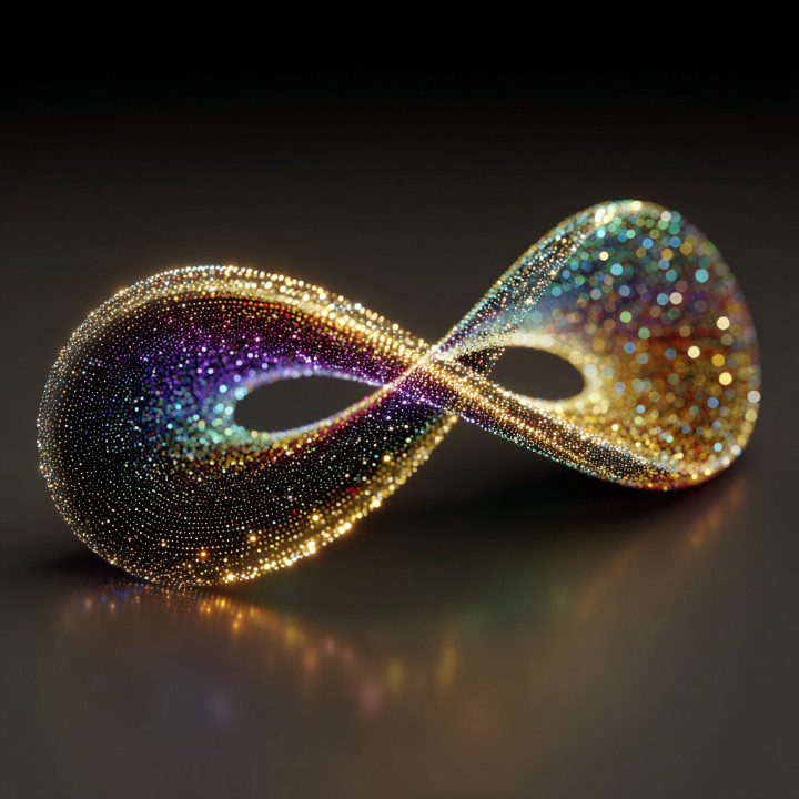 A glowing Möbius strip made of vibrant particles in gold, purple, and teal, representing infinity and geometric beauty.