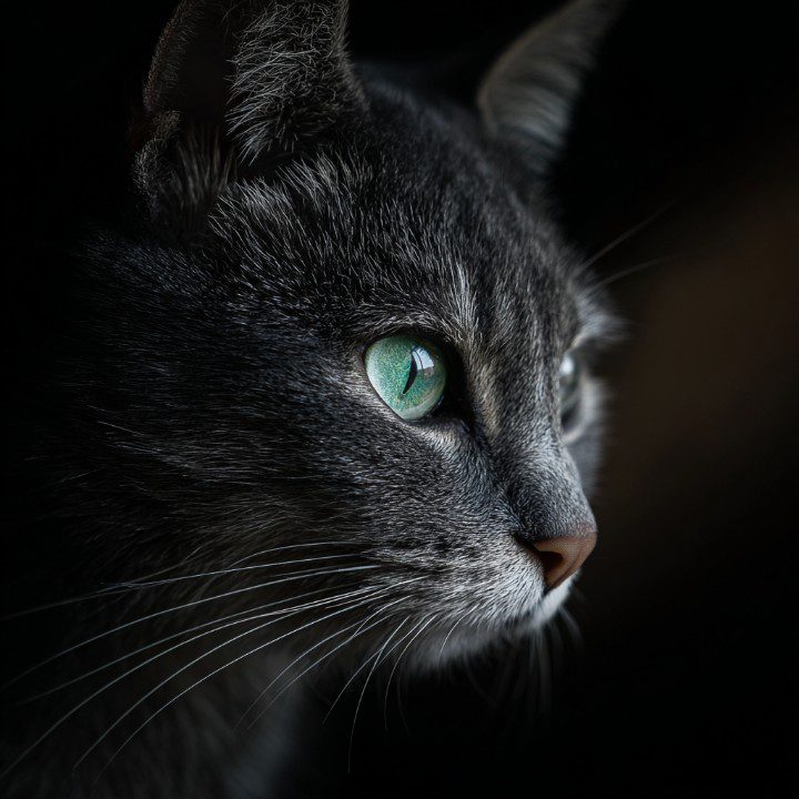 Close-up of a gray cat with bright green eyes and detailed fur against a dark background.
