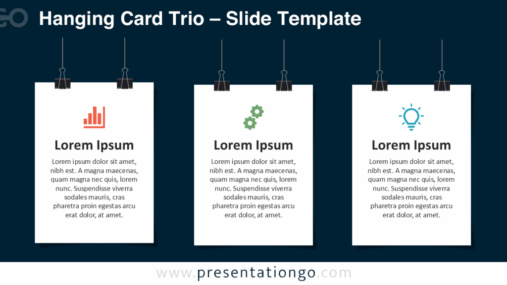 Dark theme layout of Hanging Card Trio with 3 suspended white cards for presenting topics in PowerPoint and Google Slides.