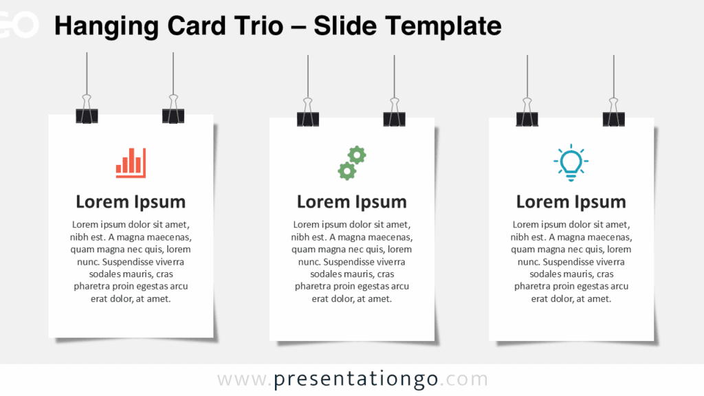 Free Hanging Card Trio template with light background, showing 3 side-by-side vertical cards for PowerPoint and Google Slides.