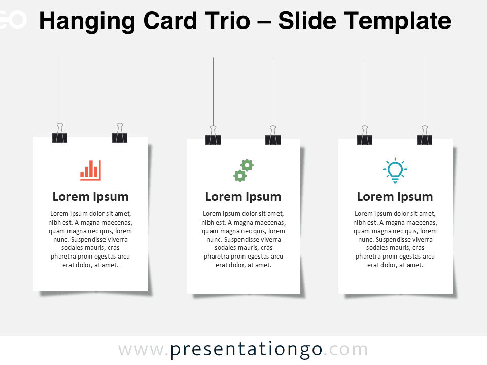 Preview of the Hanging Card Trio layout for PowerPoint, featuring three vertical cards with icons and text for visual comparison.