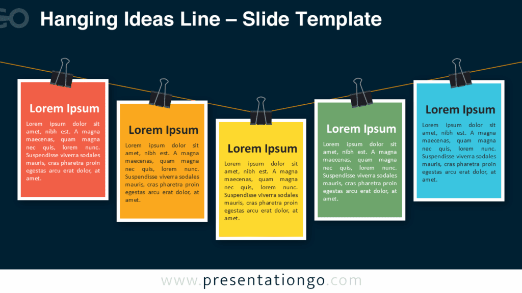 Editable five-step diagram with vibrant cards clipped to a diagonal rope, set on a dark background for PowerPoint and Google Slides.