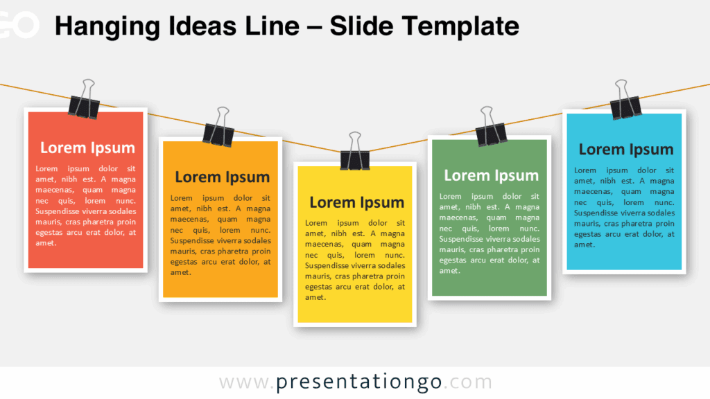 Five colorful idea cards clipped along a diagonal line on a white background in the Hanging Ideas Line Google Slides template.