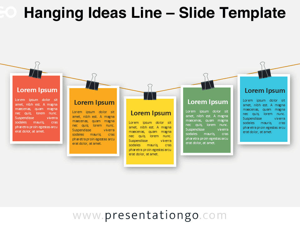 Preview of the Hanging Ideas Line template for PowerPoint featuring five colorful idea cards clipped on a diagonal rope.
