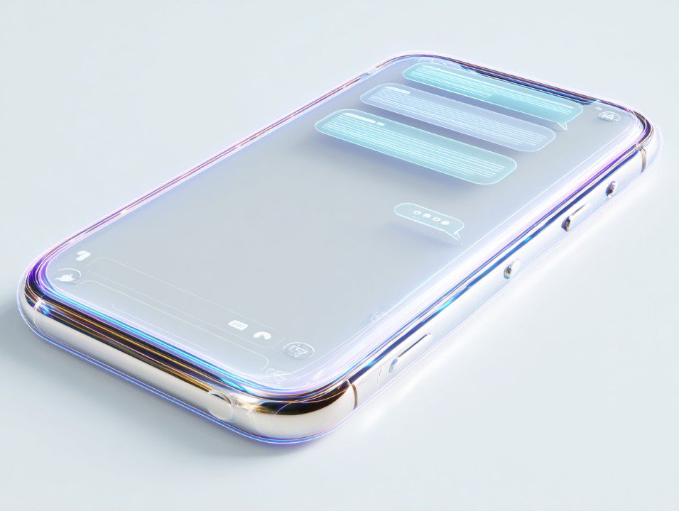 A high-resolution holographic smartphone with a glowing chat interface, displayed on a futuristic transparent device.