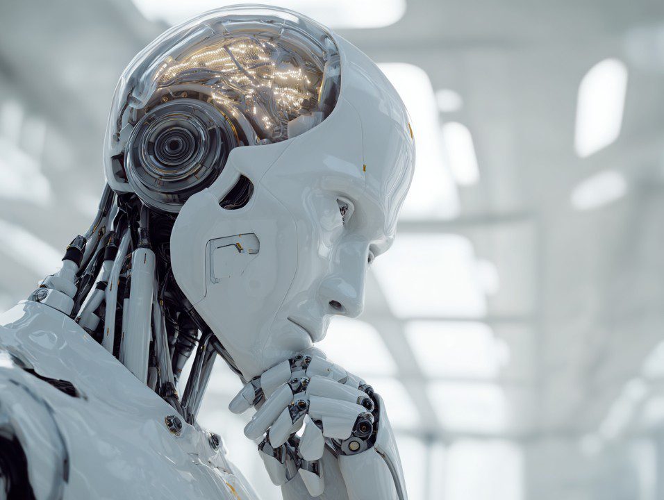 A futuristic humanoid robot with transparent casing revealing circuits, posed in deep thought inside a bright high-tech environment.