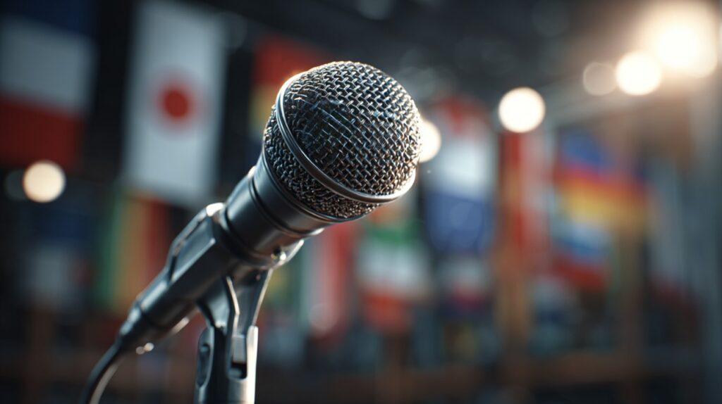 A close-up of a microphone on a conference stand with blurred international flags in the background, ready for a global speech.