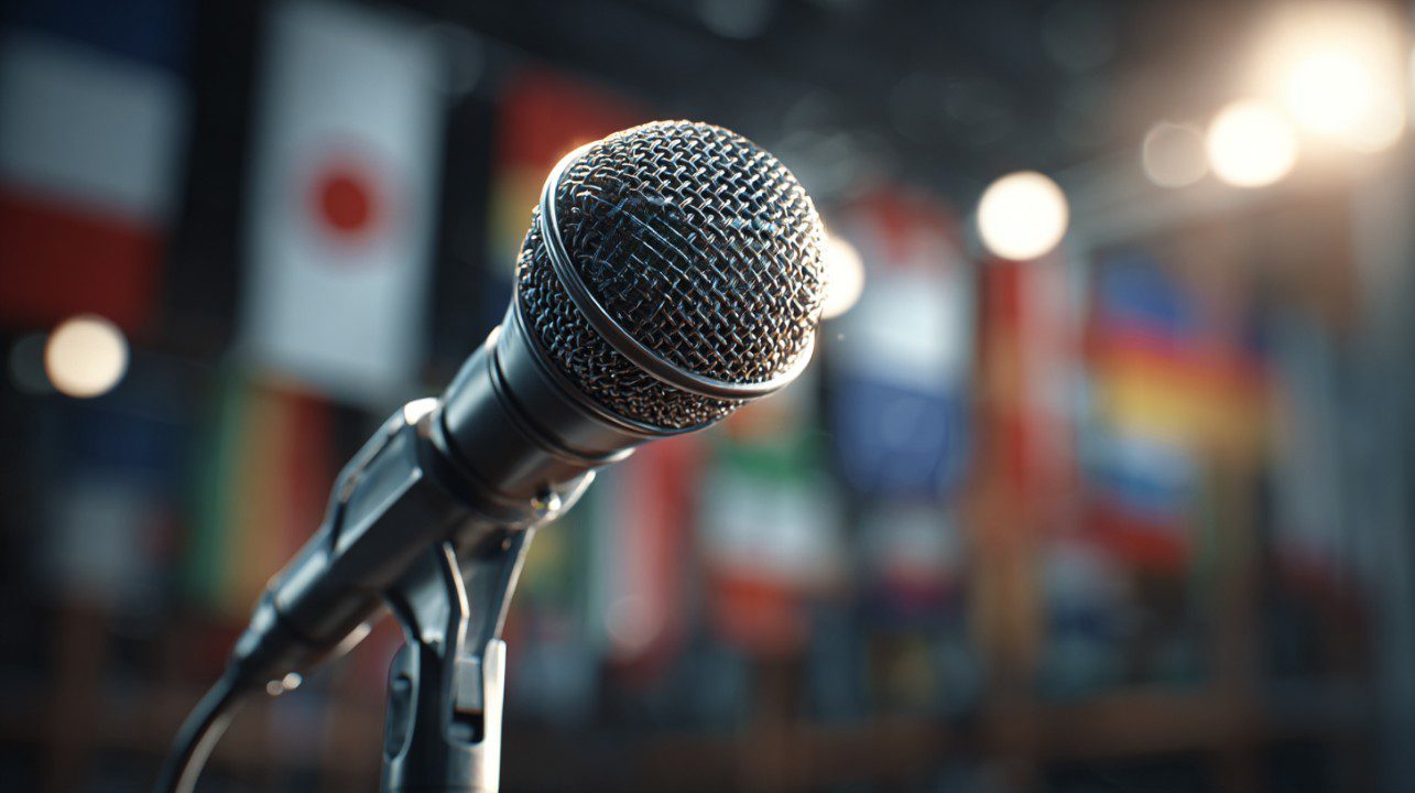 A close-up of a microphone on a conference stand with blurred international flags in the background, ready for a global speech.