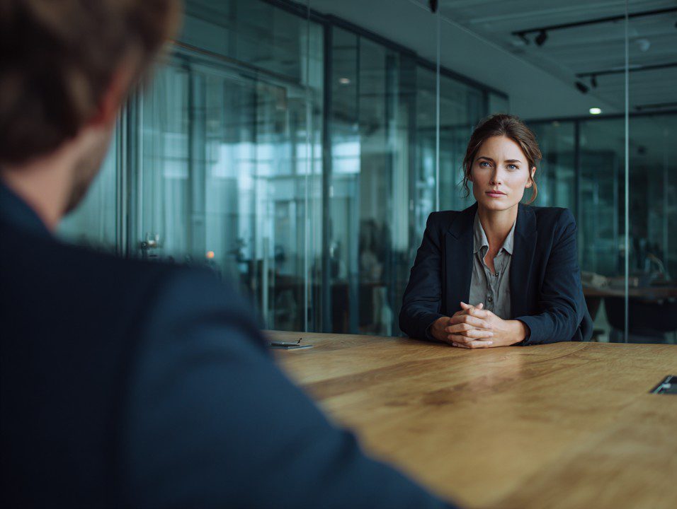 Realistic image of a job interview in a modern office, showing a focused female interviewer and a male candidate.