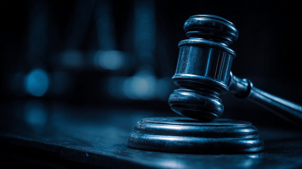 Close-up of a judge’s gavel with blue lighting in a courtroom setting, representing legal authority and justice.