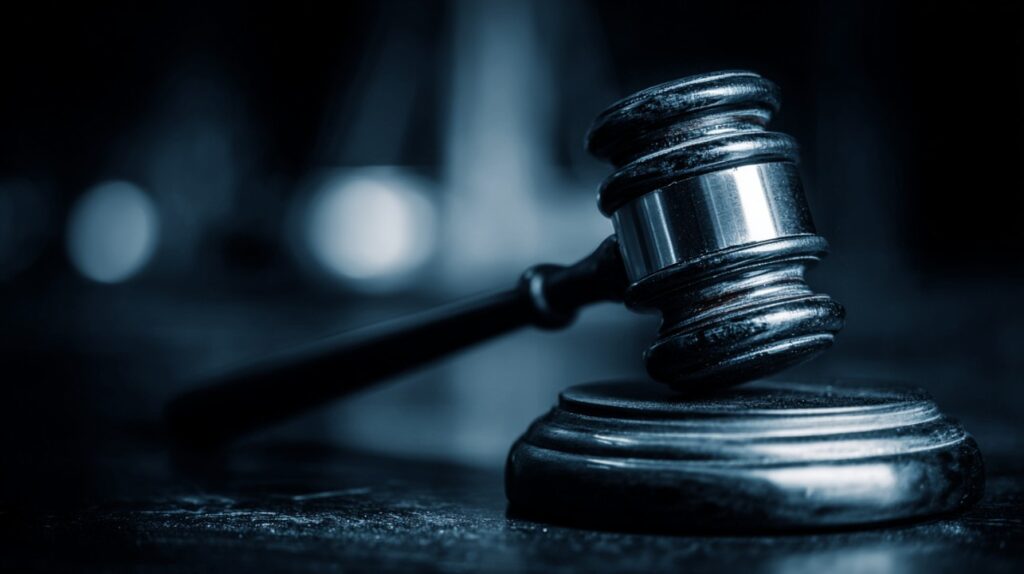 Close-up of a judge’s gavel with reflective blue lighting in a courtroom, symbolizing judicial authority.
