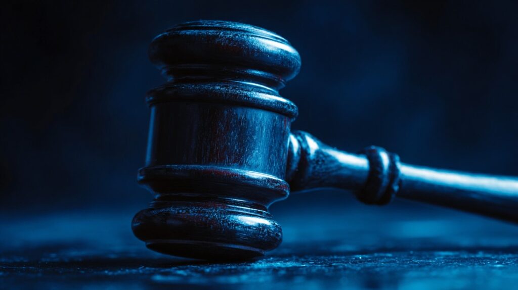 Close-up of a judge’s gavel on a dark surface illuminated by blue light, symbolizing judicial authority.