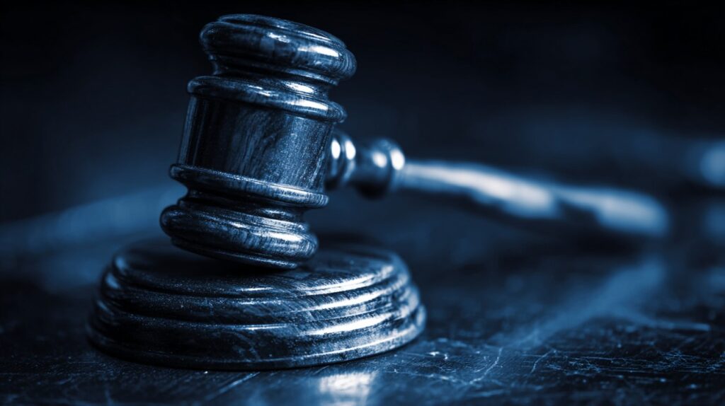 Close-up shot of a judge’s gavel on a dark textured surface under moody blue lighting, representing justice.