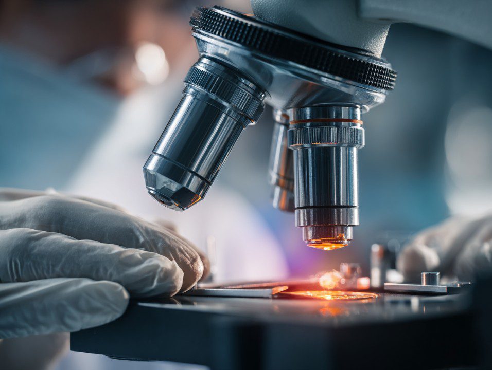 Close-up of a laboratory microscope focusing on a specimen slide, with a gloved hand adjusting the sample in a medical research setting.