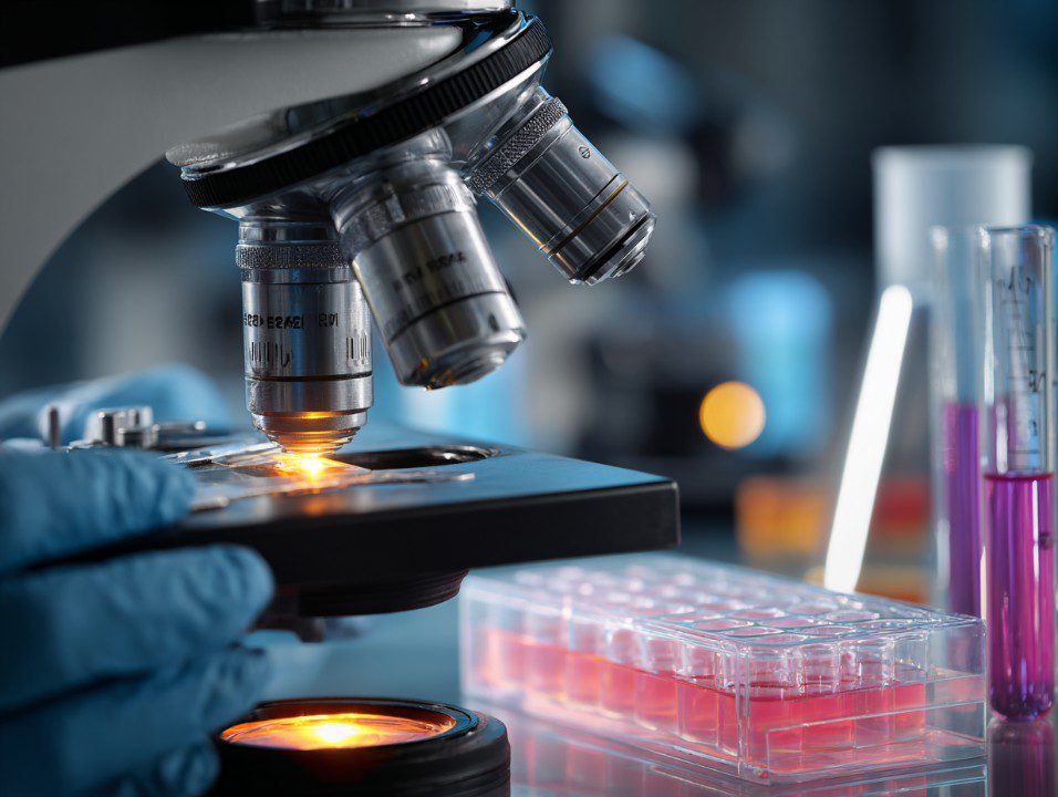 Close-up of a laboratory microscope with a gloved hand adjusting the sample slide and colorful test tubes blurred in the background in a scientific setting.