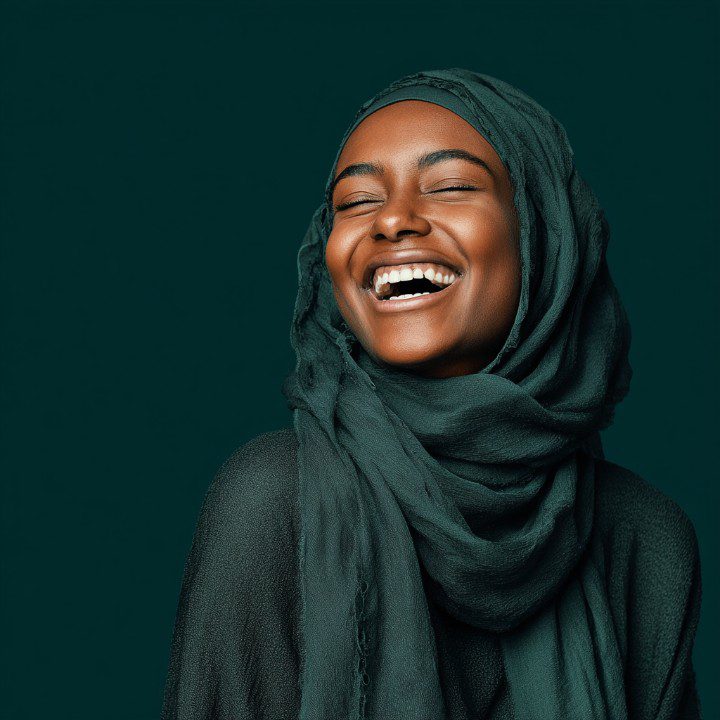 A joyful woman in a green hijab laughing warmly, captured in a close-up portrait against a solid dark green background.