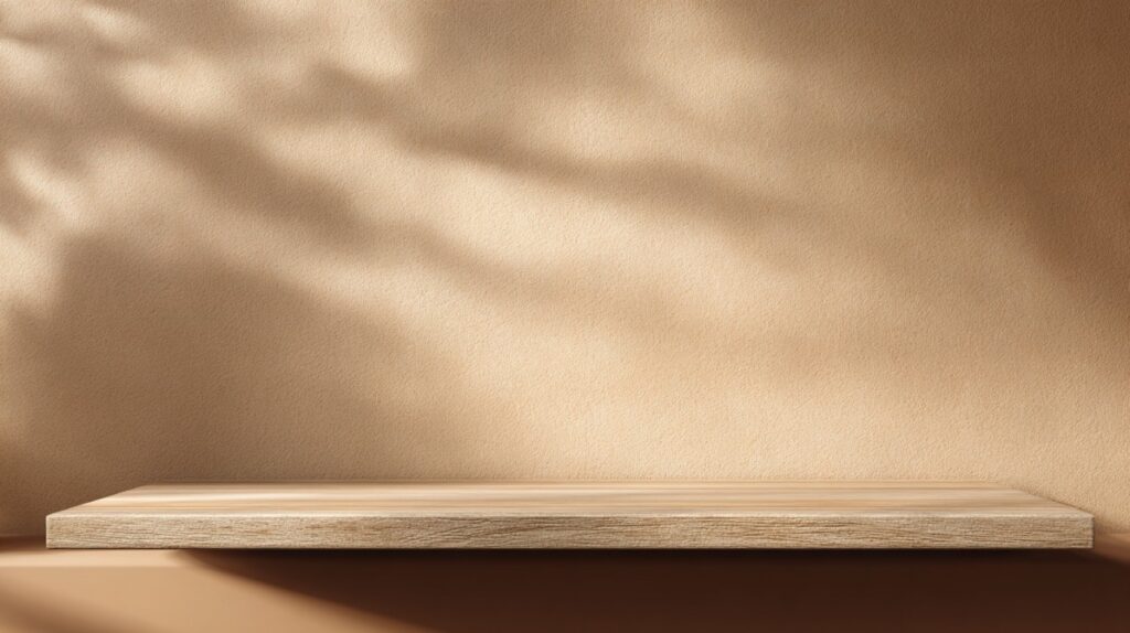 A natural light wood shelf against a warm cream wall, ideal for minimalist product presentations or branding visuals.