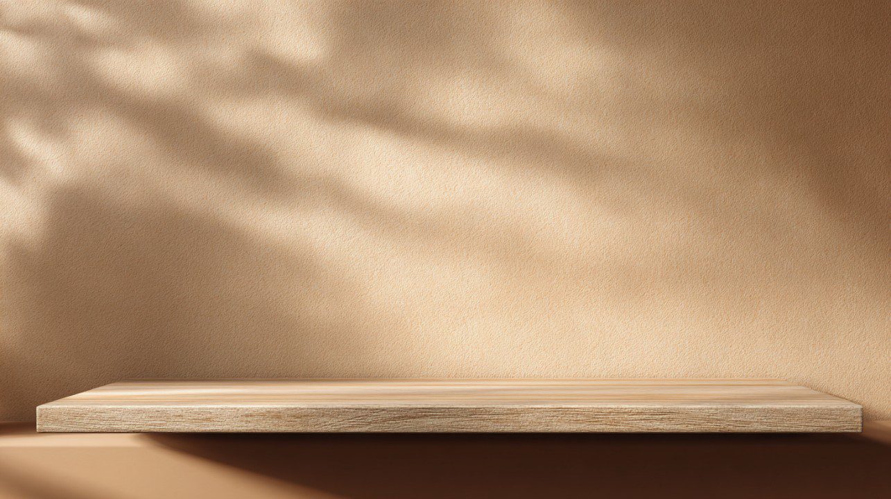 A natural light wood shelf against a warm cream wall, ideal for minimalist product presentations or branding visuals.