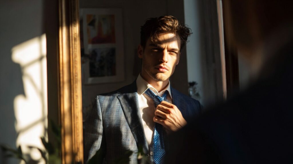 Man in a suit adjusting his tie in front of a mirror, illuminated by early morning sunlight.