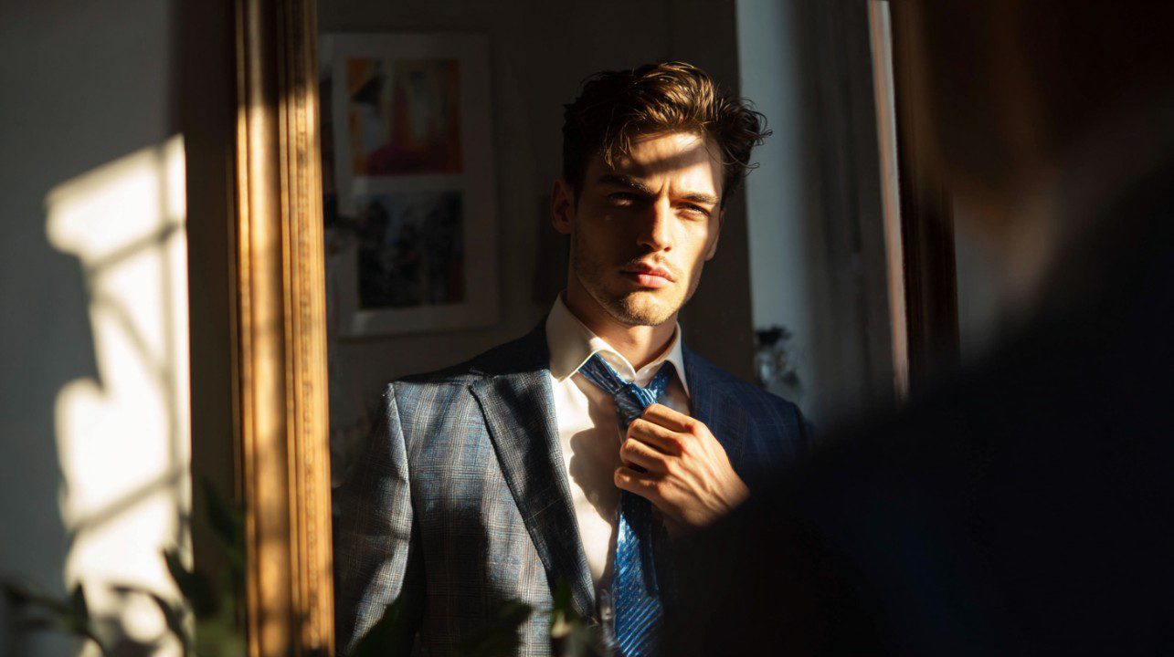 Man in a suit adjusting his tie in front of a mirror, illuminated by early morning sunlight.