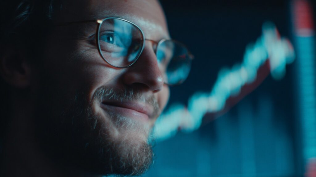Close-up of a man with glasses smiling while looking at rising financial charts, representing financial optimism and growth.