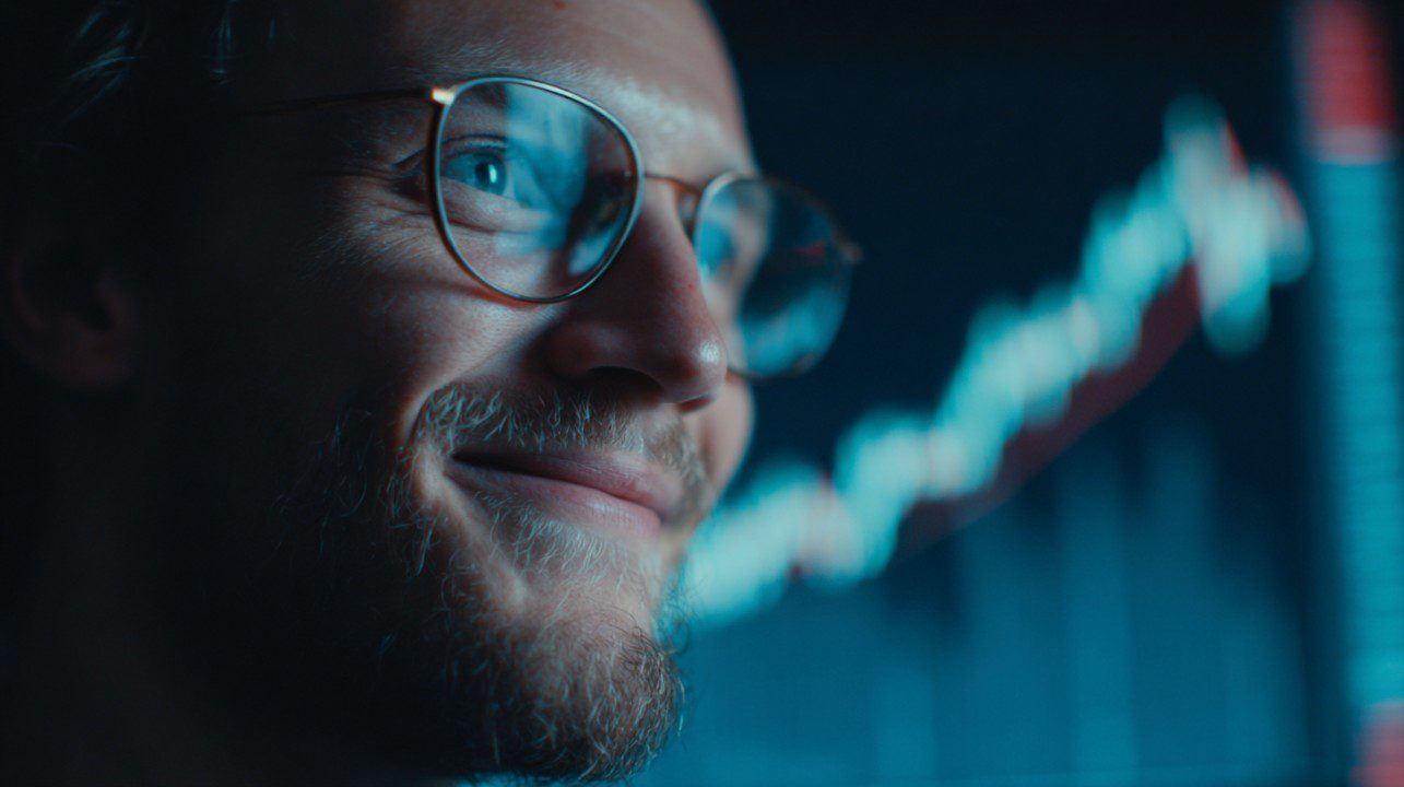 Close-up of a man with glasses smiling while looking at rising financial charts, representing financial optimism and growth.