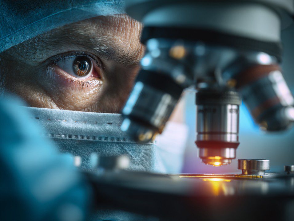 Close-up of a medical professional wearing protective gear, examining a specimen under a laboratory microscope with intense focus.