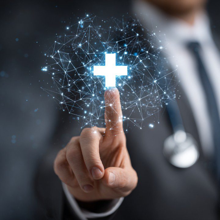 Medical worker with a stethoscope touching a glowing plus icon symbolizing digital healthcare technology and innovation.