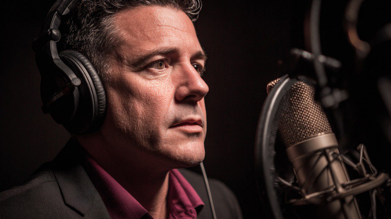 Serious middle-aged man wearing headphones speaking into a professional microphone in a recording studio.