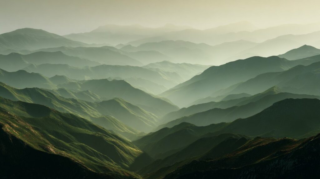 Minimalist green mountain landscape covered with soft mist and fog, creating a serene and calming nature scene.