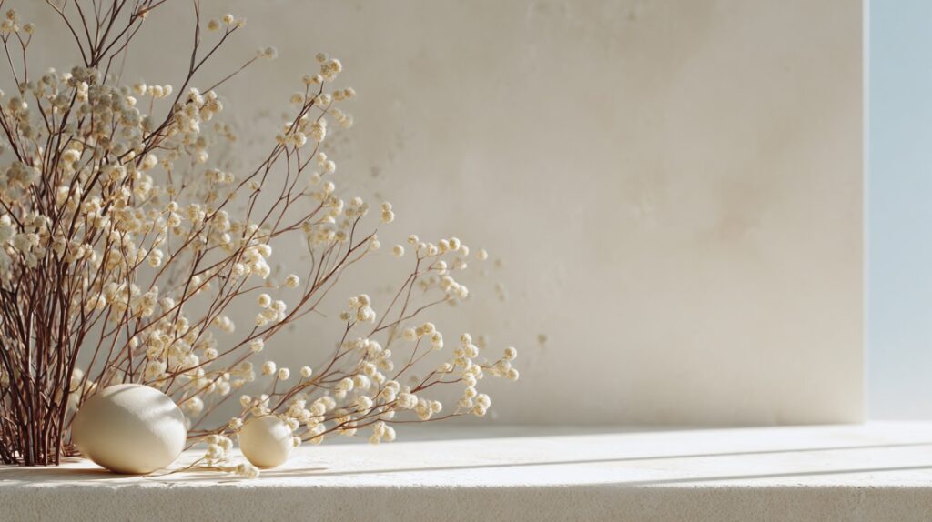 Minimalist interior featuring dried flowers on a textured surface bathed in soft natural light.