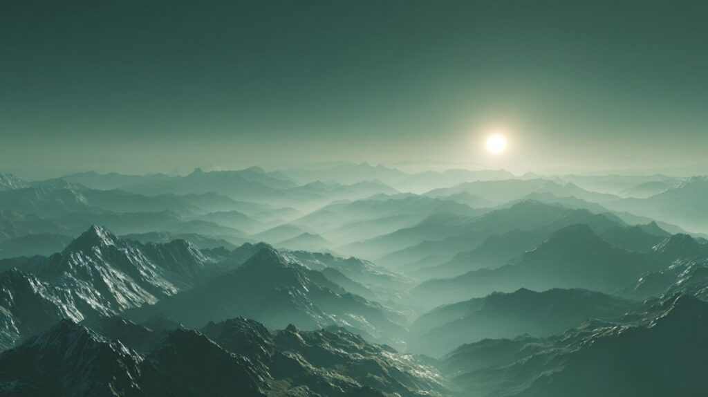 Minimalist mountain landscape with a golden sun and green haze over rugged peaks, ideal for nature and relaxation themes.