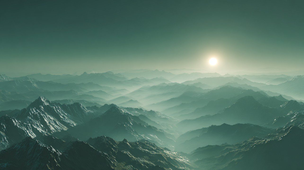 Minimalist mountain landscape with a golden sun and green haze over rugged peaks, ideal for nature and relaxation themes.