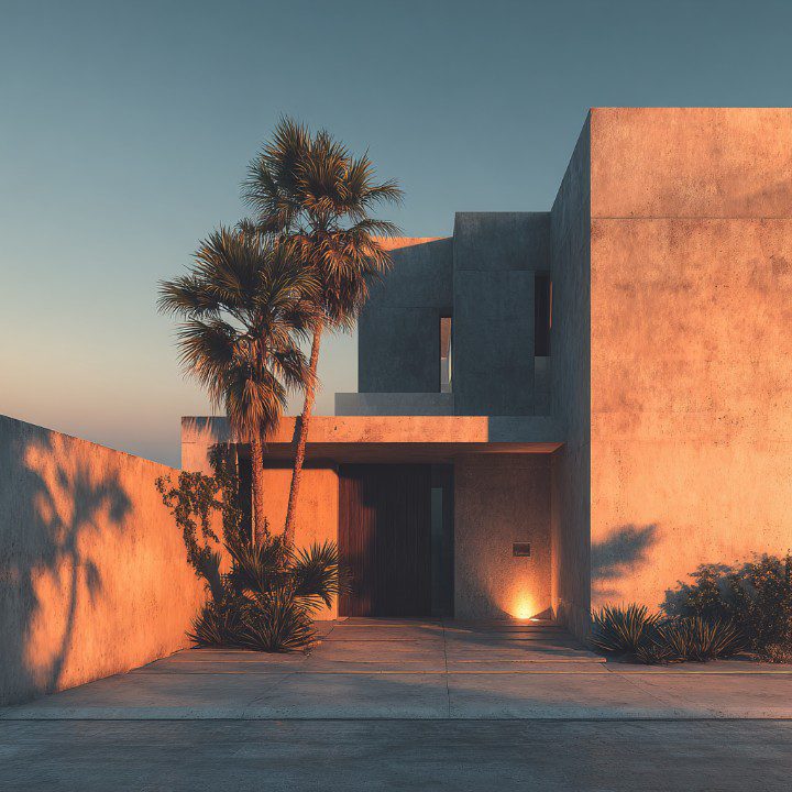 Minimalist modern villa in Kuwait with clean lines, desert landscaping, and warm golden sunlight at sunset.