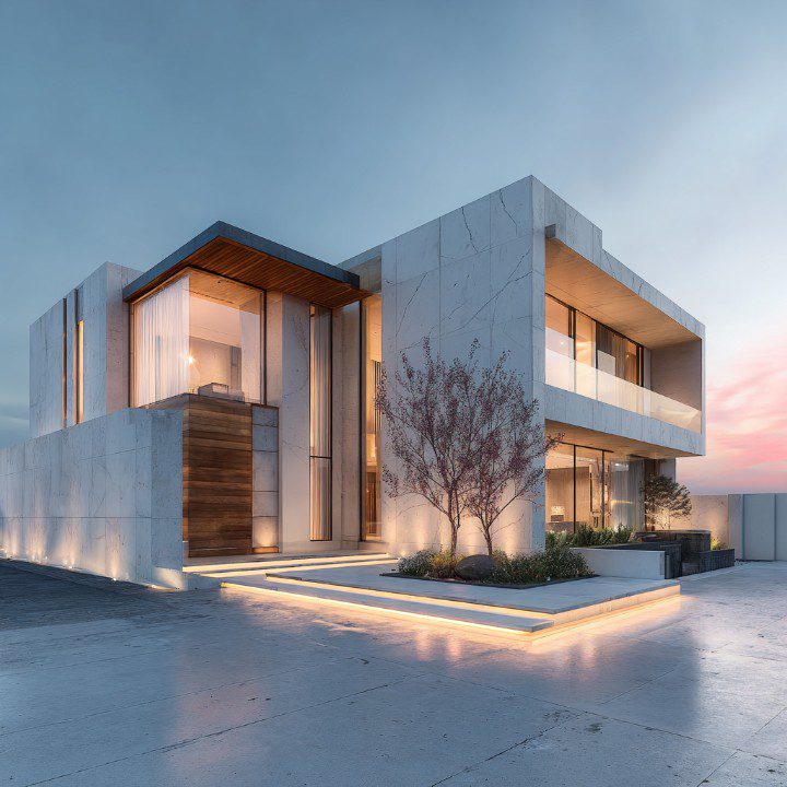 Contemporary minimalist villa with white marble walls and warm interior lighting under a twilight sky.