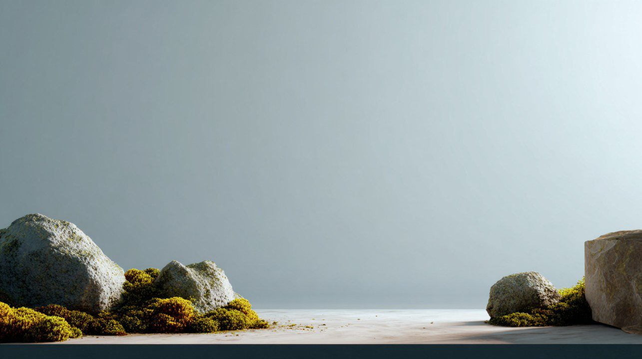 Minimalist solid color background with moss and rocks on the right and left edges.
