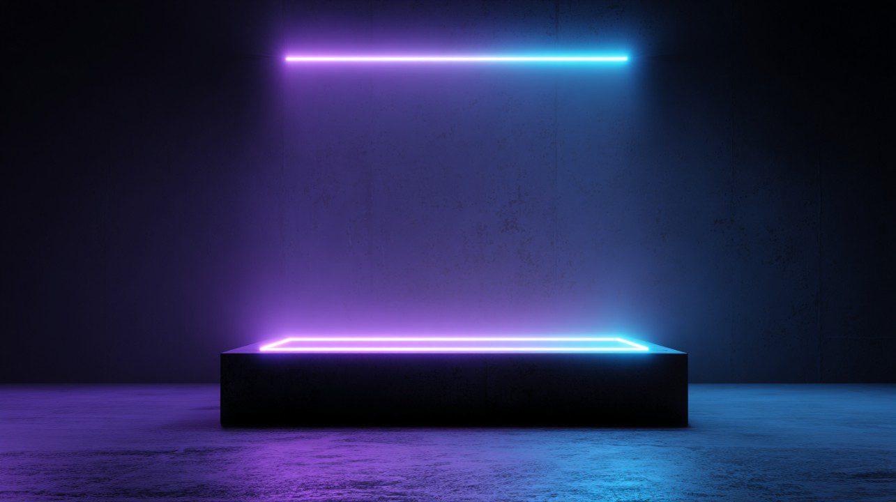 A minimal 3D podium with glowing neon blue and purple lights in a dark space, perfect for tech or futuristic design backdrops.