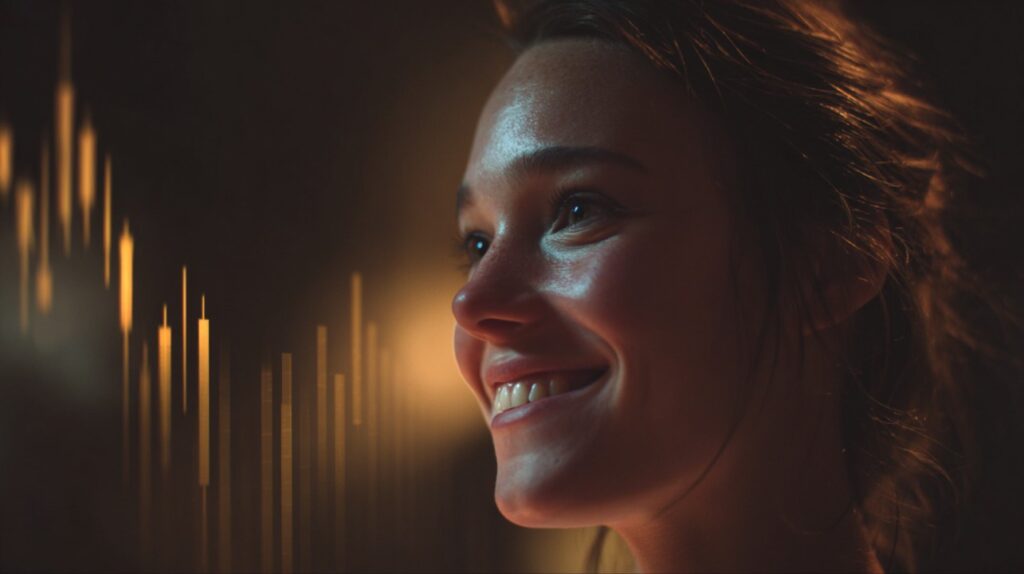 Close-up of a person smiling while looking at rising financial candlestick charts, depicting optimism in investment.