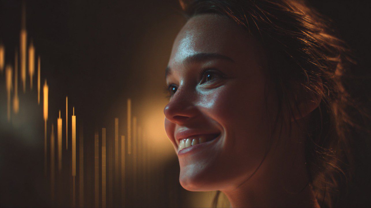 Close-up of a person smiling while looking at rising financial candlestick charts, depicting optimism in investment.